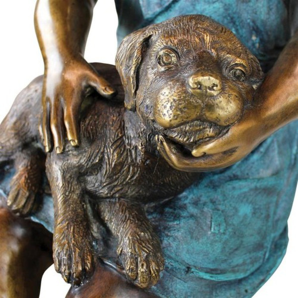Close up of puppy face Sitting Savannah Girl with Dog Cast Bronze Garden Statue
